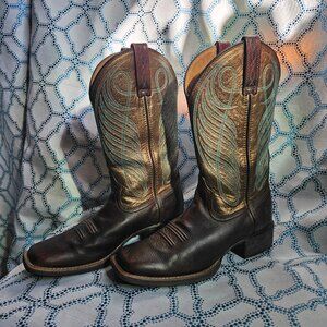 ARIAT Women's Round Up Square Toe Western Boot, Brown/Gold/Turquoise, size 7.5B